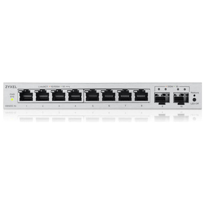 Zyxel switch gestito L2 GS1200-10V3, 8 porte Gigabit RJ-45, 2 slot SFP, desktop, senza ventole, VLAN, QoS