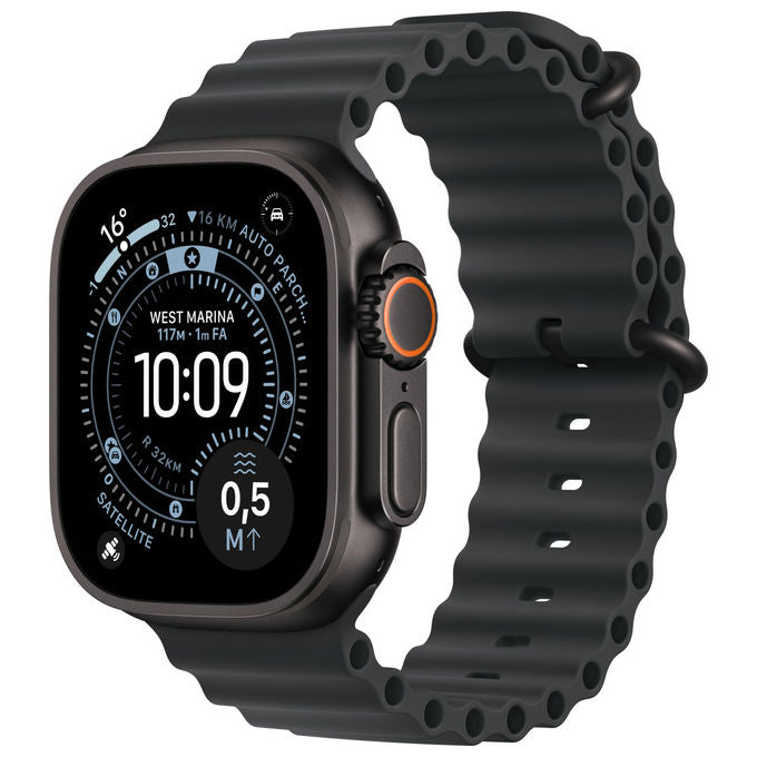 Apple Watch Ultra 3, smartwatch GPS + Cellular, cassa 49mm titanio nero, band Ocean nero, display OLED 3000 nit, autonomia 72h, impermeabile 100m