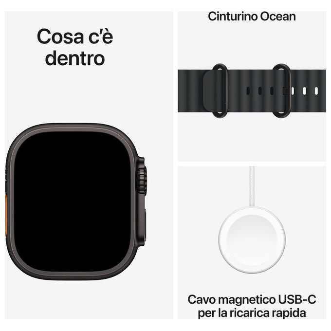Apple Watch Ultra 3, smartwatch GPS + Cellular, cassa 49mm titanio nero, band Ocean nero, display OLED 3000 nit, autonomia 72h, impermeabile 100m