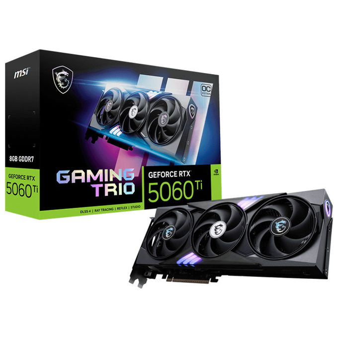 MSI scheda video GeForce RTX 5060 Ti Gaming Trio OC, 8 GB GDDR7, 128 bit, boost 2647 MHz, 3 ventole, PCIe 5.0