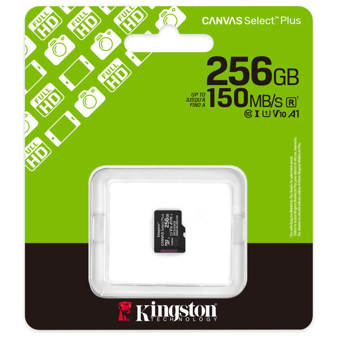 Kingston scheda microSDXC 256 GB Canvas Select Plus Gen3, 150 MB-s, classe 10, UHS-I U1, V30, A1, senza adattatore SD