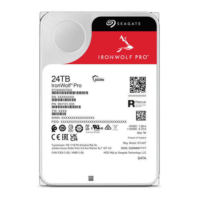 Seagate IronWolf Pro disco rigido interno 24 TB, 3.5'', SATA III, 7200 rpm, cache 512 MB, NAS enterprise, ST24000NT002