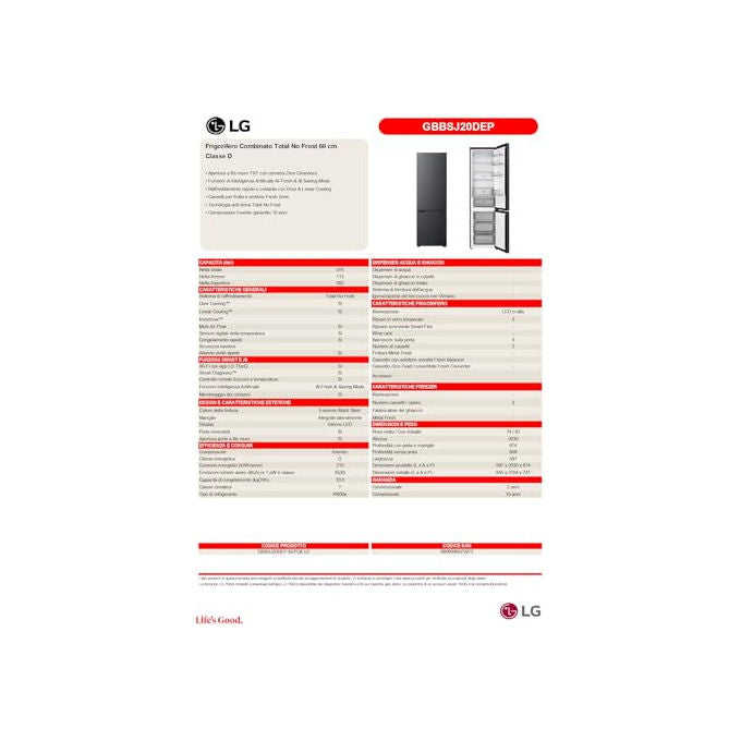 LG GBBSJ20DEP Frigorifero Combinato 375 L Classe D 203 cm colore Nero