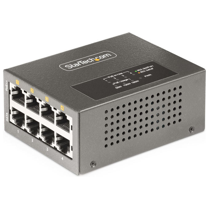 StarTech.com iniettore PoE++ multi-gigabit 4 porte, NBASE-T 5G 2.5G 1G, 802.3af 802.3at 802.3bt, 160W, montaggio parete guida DIN