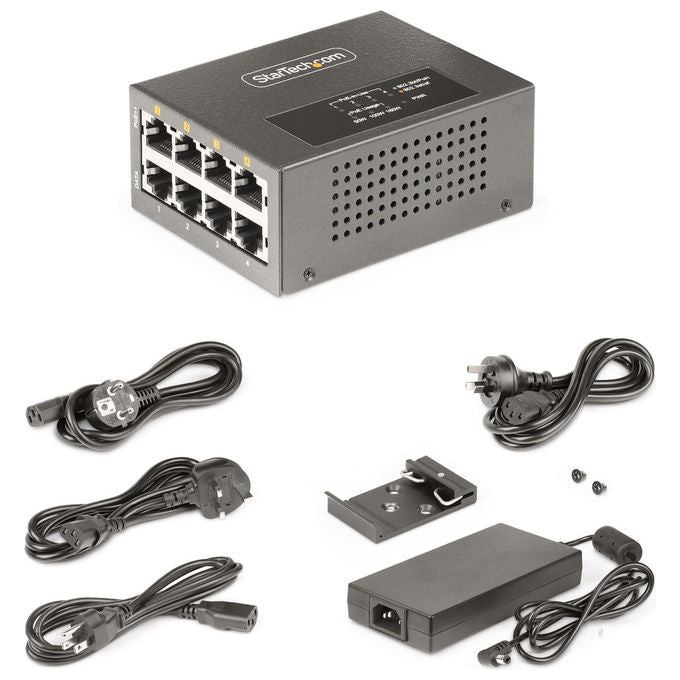 StarTech.com iniettore PoE++ multi-gigabit 4 porte, NBASE-T 5G 2.5G 1G, 802.3af 802.3at 802.3bt, 160W, montaggio parete guida DIN