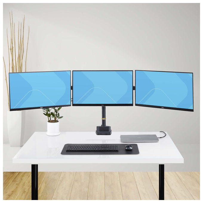 StarTech.com supporto tre monitor fino a 27 pollici, VESA 75x75 e 100x100, bracci a molla senza attrezzi, morsetto a C, nero