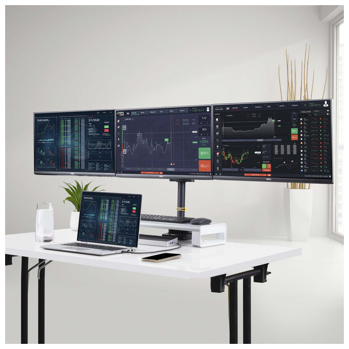 StarTech.com supporto tre monitor fino a 27 pollici, VESA 75x75 e 100x100, bracci a molla senza attrezzi, morsetto a C, nero