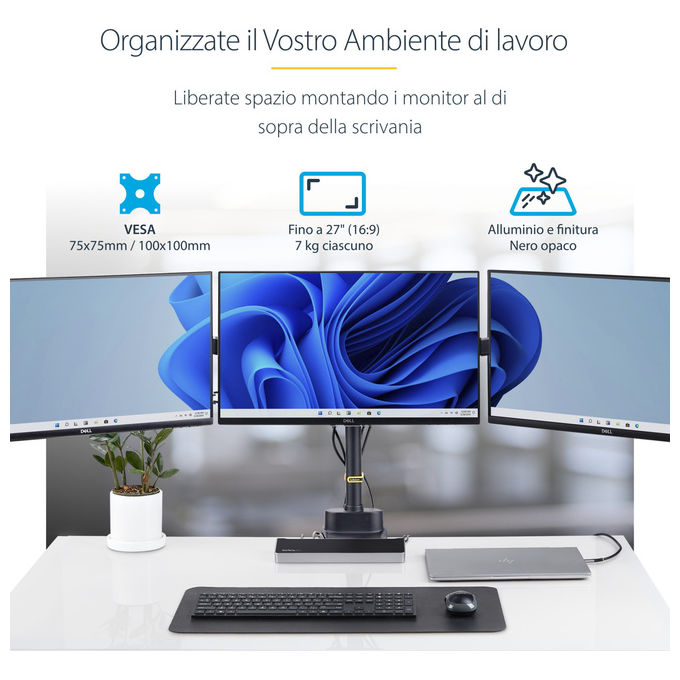StarTech.com supporto tre monitor fino a 27 pollici, VESA 75x75 e 100x100, bracci a molla senza attrezzi, morsetto a C, nero