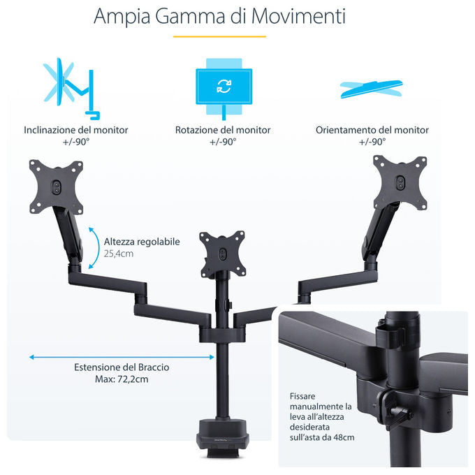 StarTech.com supporto tre monitor fino a 27 pollici, VESA 75x75 e 100x100, bracci a molla senza attrezzi, morsetto a C, nero