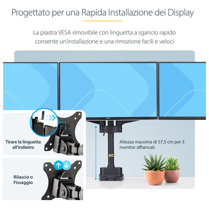 StarTech.com supporto tre monitor fino a 27 pollici, VESA 75x75 e 100x100, bracci a molla senza attrezzi, morsetto a C, nero