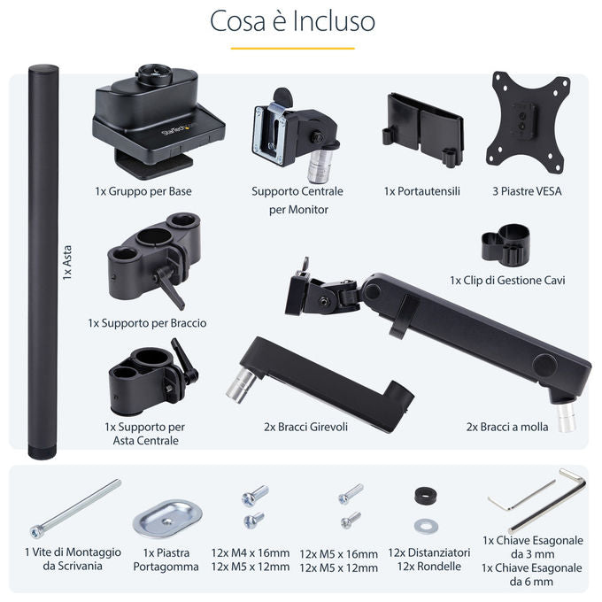 StarTech.com supporto tre monitor fino a 27 pollici, VESA 75x75 e 100x100, bracci a molla senza attrezzi, morsetto a C, nero