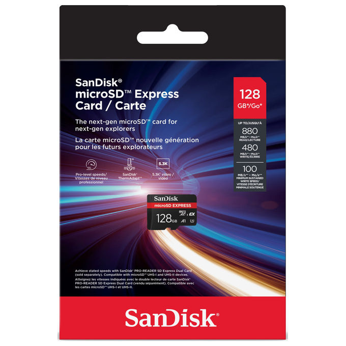 SanDisk microSDXC Express 128 GB, UHS-I U3, velocita' lettura 880 MB-s, scrittura 480 MB-s, A1, PCIe NVMe, impermeabile