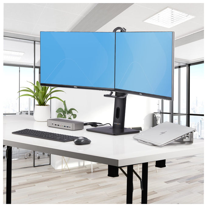 StarTech.com supporto da tavolo per due monitor, barra trasversale, schermi fino a 27 pollici, vesa 75x75 e 100x100, altezza regolabile, 6 kg per display, nero