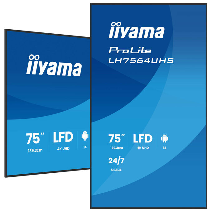 Iiyama display digital signage 75 pollici 4K UHD, ProLite LH7564UHS-B1AG, Android 14, 500 cd-m², Wi-Fi, 24-7, nero