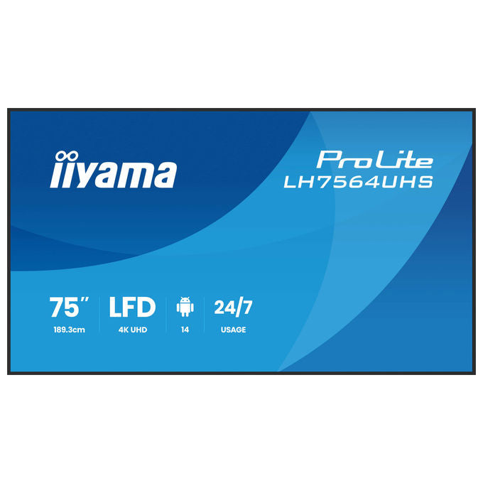 Iiyama display digital signage 75 pollici 4K UHD, ProLite LH7564UHS-B1AG, Android 14, 500 cd-m², Wi-Fi, 24-7, nero