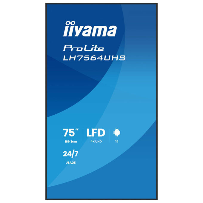Iiyama display digital signage 75 pollici 4K UHD, ProLite LH7564UHS-B1AG, Android 14, 500 cd-m², Wi-Fi, 24-7, nero