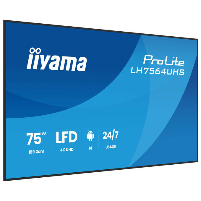 Iiyama display digital signage 75 pollici 4K UHD, ProLite LH7564UHS-B1AG, Android 14, 500 cd-m², Wi-Fi, 24-7, nero