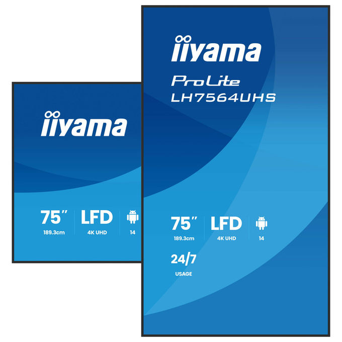 Iiyama display digital signage 75 pollici 4K UHD, ProLite LH7564UHS-B1AG, Android 14, 500 cd-m², Wi-Fi, 24-7, nero