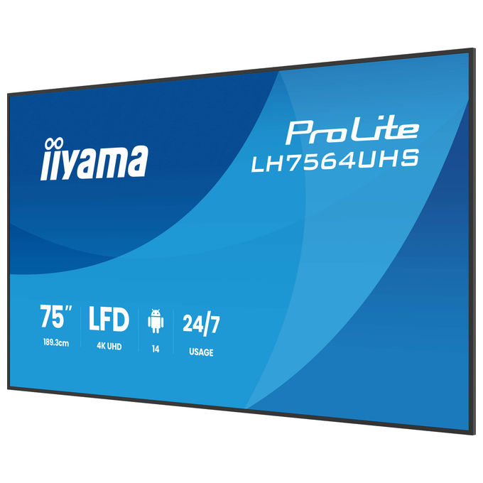 Iiyama display digital signage 75 pollici 4K UHD, ProLite LH7564UHS-B1AG, Android 14, 500 cd-m², Wi-Fi, 24-7, nero