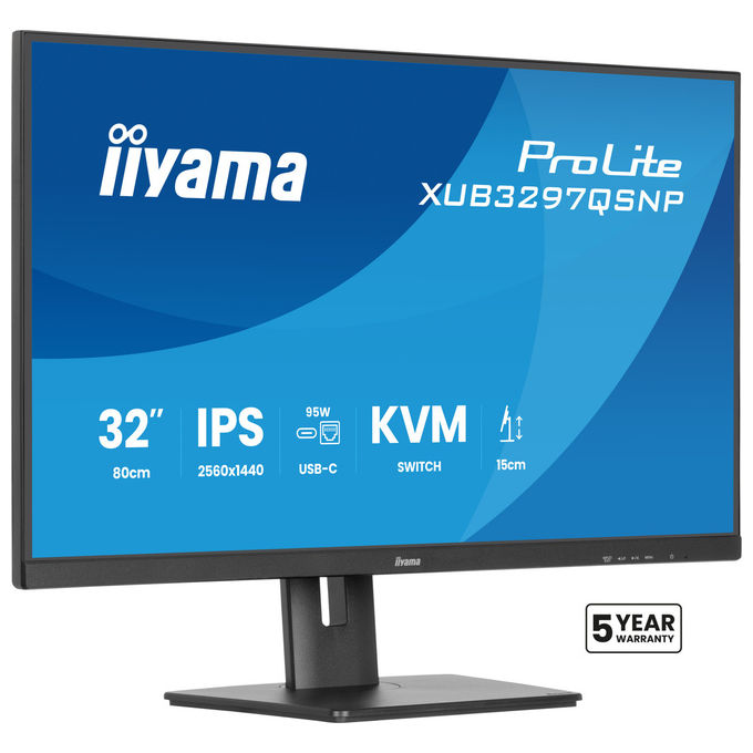 Iiyama ProLite XUB3297QSNP-B1 monitor 32 pollici, IPS QHD 2560x1440, dock USB-C 95W, KVM integrato, LAN, 100Hz, altoparlanti, nero