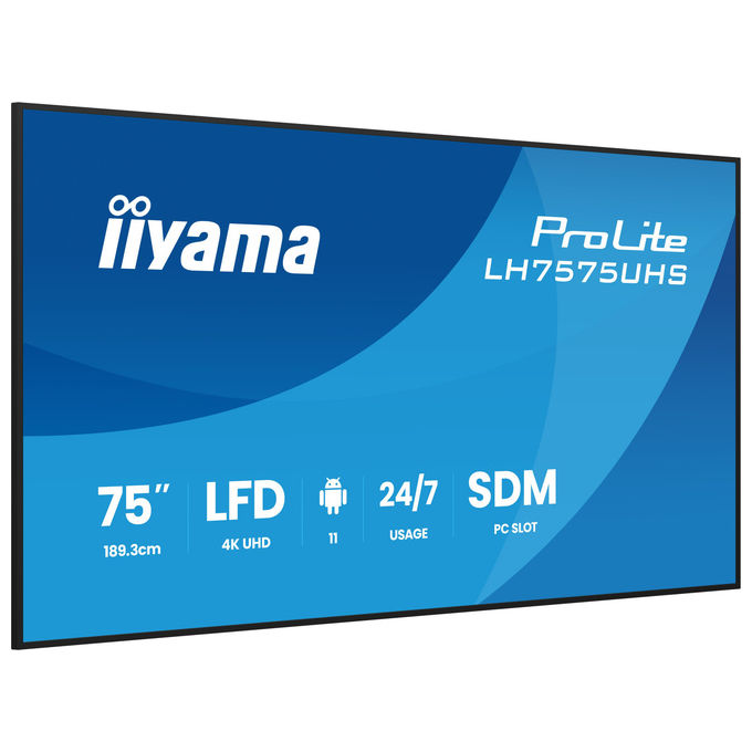 Iiyama ProLite LH7575UHS-B2AG, display segnaletica digitale 75 pollici, 4K UHD, IPS, 500 cd-m², Android 11, 24-7, Wi-Fi