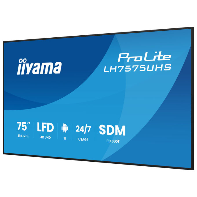 Iiyama ProLite LH7575UHS-B2AG, display segnaletica digitale 75 pollici, 4K UHD, IPS, 500 cd-m², Android 11, 24-7, Wi-Fi