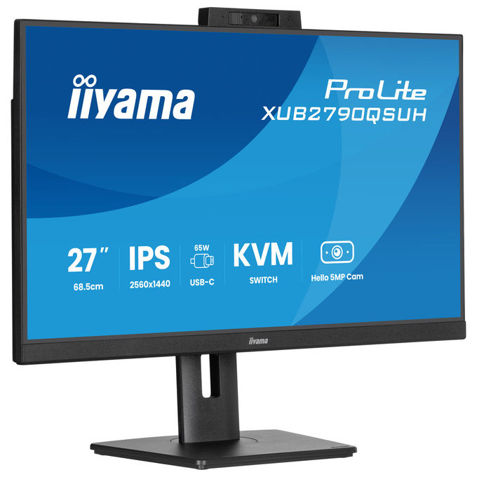 Iiyama ProLite XUB2790QSUH-B2, monitor IPS 27 pollici QHD, webcam 5MP Windows Hello, hub USB-C 65W, KVM integrato, nero