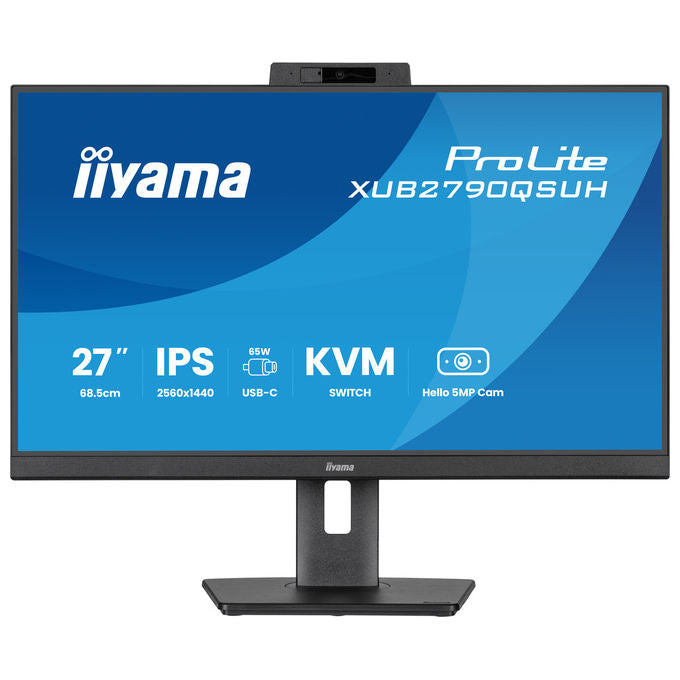 Iiyama ProLite XUB2790QSUH-B2, monitor IPS 27 pollici QHD, webcam 5MP Windows Hello, hub USB-C 65W, KVM integrato, nero