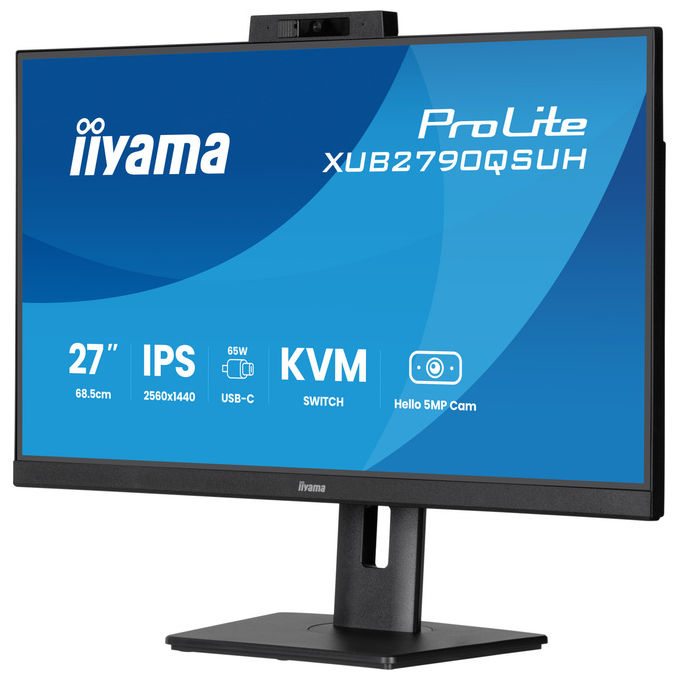 Iiyama ProLite XUB2790QSUH-B2, monitor IPS 27 pollici QHD, webcam 5MP Windows Hello, hub USB-C 65W, KVM integrato, nero