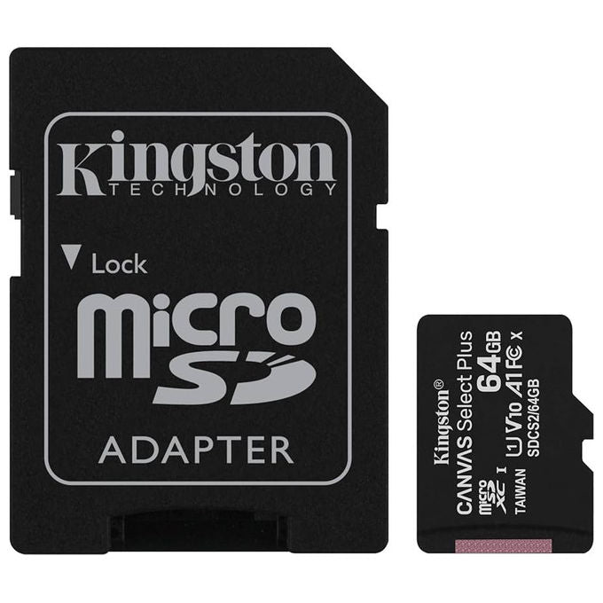 Kingston scheda microSDXC Canvas Select Plus, 64 GB, 150 MB-s, classe 10, A1, V10, U1, Gen3, senza adattatore SD
