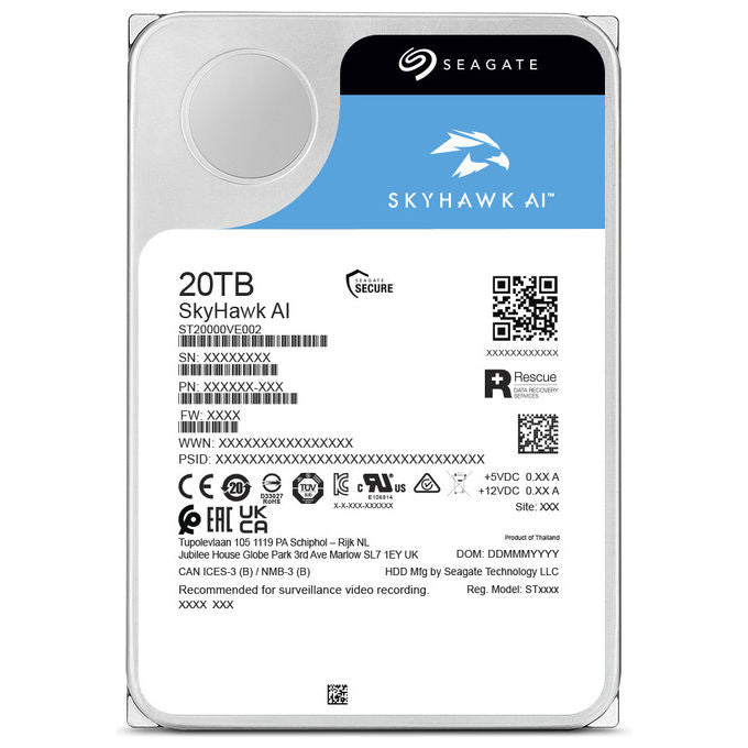 Seagate SkyHawk AI disco rigido interno 20 TB, 3.5'', SATA III, 7200 giri-min, 512 MB buffer, sorveglianza AI, ST20000VE004