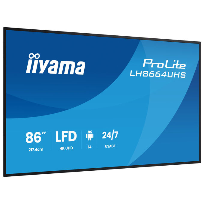 Iiyama LH8664UHS-B3AG display segnaletica digitale 85,6 pollici, 4K Ultra HD, Android 14, 500 cd-m², Wi-Fi, 24-7, nero