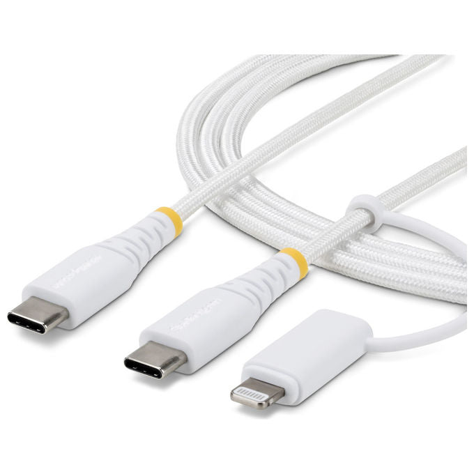 StarTech.com cavo USB-C 2 in 1 con adattatore Lightning, 1 m, 60W, 3A, certificato Apple MFi, nylon intrecciato, Bianco