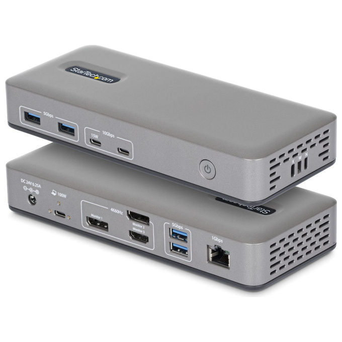 StarTech.com docking station USB-C triple monitor, 2x DisplayPort 4K 60Hz, 1x HDMI 4K 30Hz, ricarica laptop 100W, Ethernet 1GbE, 4x USB-A, senza driver