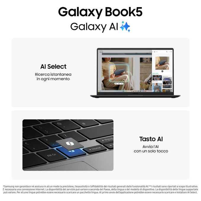Samsung NP750XHD-KD5IT Galaxy Book5 Intel Core Ultra 7 255U Notebook 15.6 Full HD 32GB RAM 1TB SSD Grigio