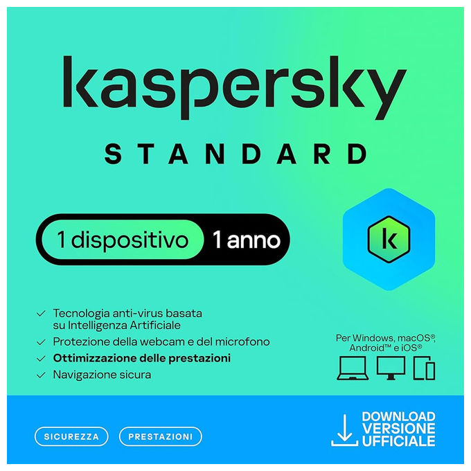 Kaspersky Standard, antivirus, 1 dispositivo, licenza 1 anno, protezione in tempo reale, Windows macOS Android iOS, box