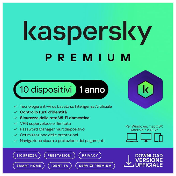 Kaspersky premium, antivirus 10 dispositivi, licenza 1 anno, VPN illimitata, password manager, Windows macOS Android iOS