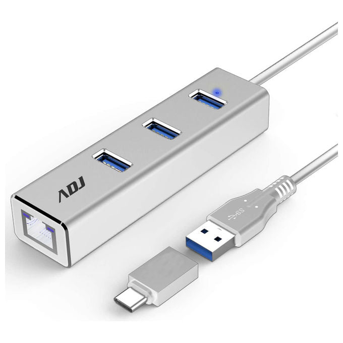 Adj hub USB 3.0 Type-C Neura, 3 porte USB 3.0, porta RJ45, compatibile USB-A e USB-C 2in1, adattatore di rete