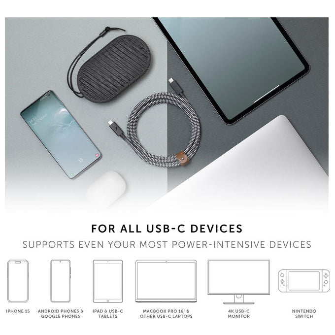 Native Union cavo USB-C Belt Pro, 2,4 m, 240W, ricarica ultra-rinforzata, Kevlar, LED, compatibile iPhone 16, MacBook, iPad, zebra