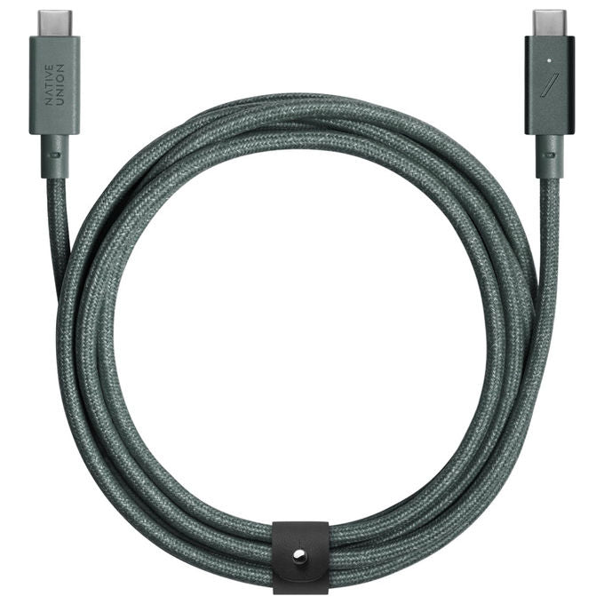 Native Union cavo USB-C Belt Cable Pro, 240W, 2,4 m, nylon intrecciato Kevlar, ricarica rapida, indicatore LED, cinturino in pelle, verde ardesia