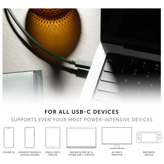 Native Union cavo USB-C Belt Cable Pro, 240W, 2,4 m, nylon intrecciato Kevlar, ricarica rapida, indicatore LED, cinturino in pelle, verde ardesia