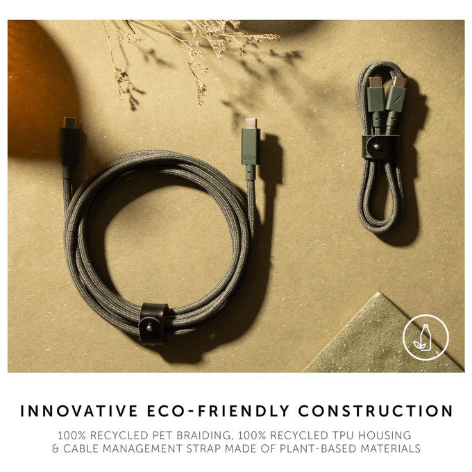 Native Union cavo USB-C Belt Cable Pro, 240W, 2,4 m, nylon intrecciato Kevlar, ricarica rapida, indicatore LED, cinturino in pelle, verde ardesia