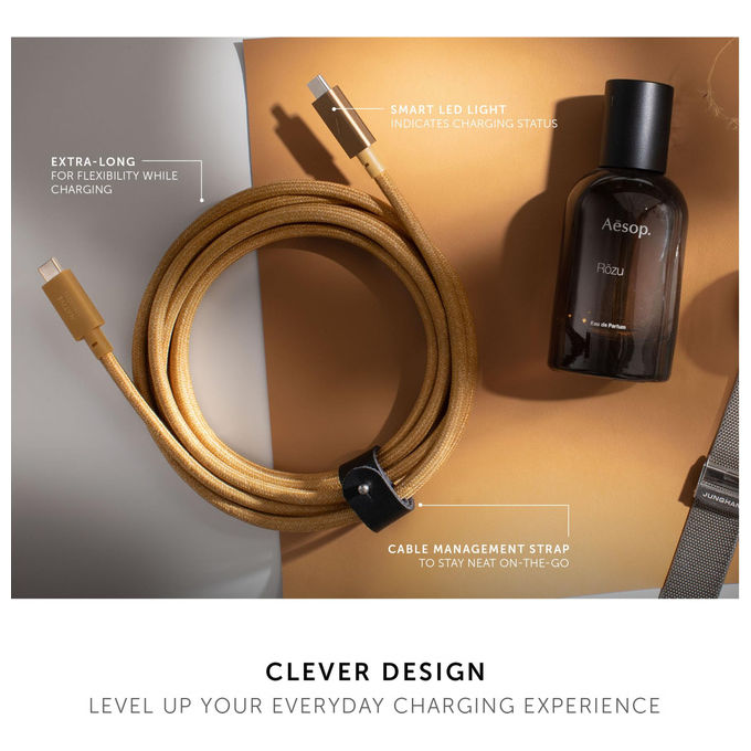 Native Union cavo USB-C Belt Cable Pro, 240W, 2,4 m, nylon intrecciato Kevlar, ricarica rapida, indicatore LED, cinturino in pelle, verde ardesia