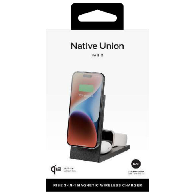 Native Union Rise 3 in 1 caricatore wireless Qi2, ricarica 15W, compatibile iPhone Apple Watch AirPods, nero