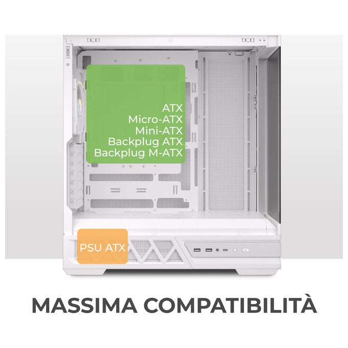 Noua Orizon MH100, case PC gaming ATX mid tower, vetro temperato e mesh, ventola ARGB PWM, USB 3.0 e Type-C, raffreddamento liquido 360 mm, Bianco