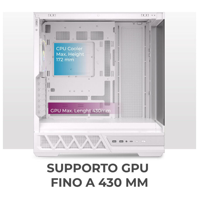 Noua Orizon MH100, case PC gaming ATX mid tower, vetro temperato e mesh, ventola ARGB PWM, USB 3.0 e Type-C, raffreddamento liquido 360 mm, Bianco