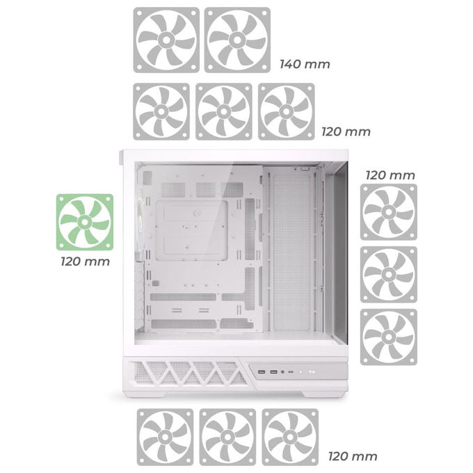 Noua Orizon MH100, case PC gaming ATX mid tower, vetro temperato e mesh, ventola ARGB PWM, USB 3.0 e Type-C, raffreddamento liquido 360 mm, Bianco