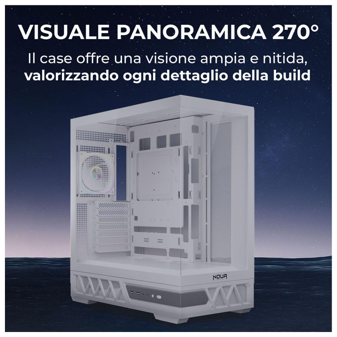 Noua Orizon MH100, case PC gaming ATX mid tower, vetro temperato e mesh, ventola ARGB PWM, USB 3.0 e Type-C, raffreddamento liquido 360 mm, Bianco