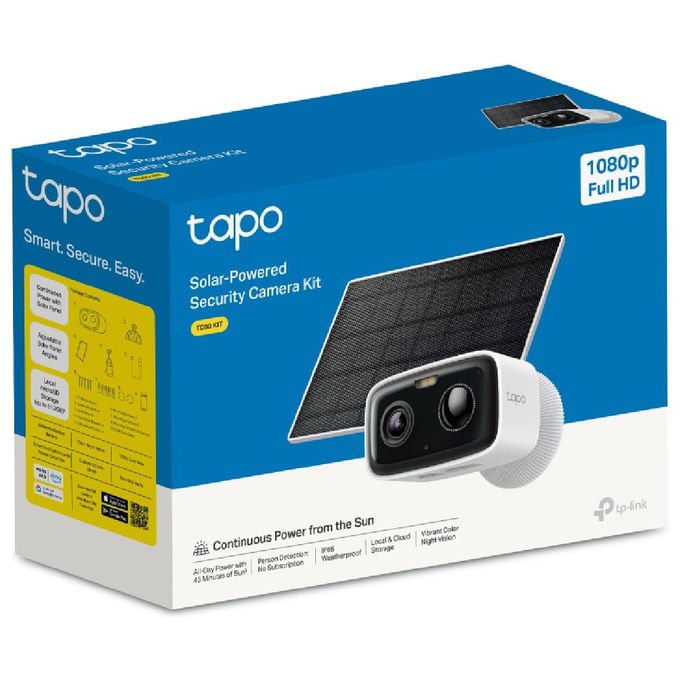 TP-Link Tapo TC80, telecamera di sicurezza con pannello solare, 2 MP, Full HD 1080p, Wi-Fi, IP65, uso esterno, batteria integrata