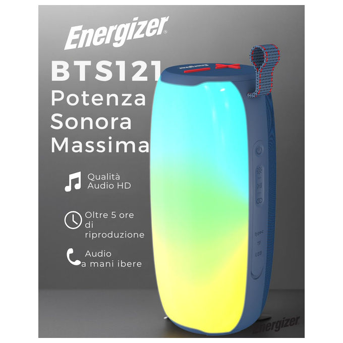 Energizer speaker bluetooth BTS121, power bank 1800mAh, stereo 6W x2, Bluetooth 5.2, impermeabile IP65, luci LED, vivavoce, FM, Micro SD